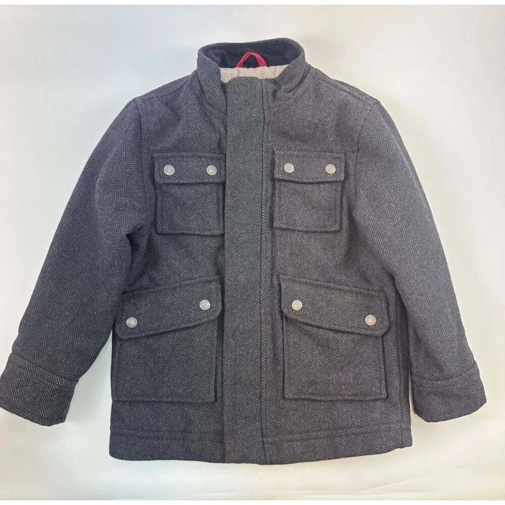 Gap Kids Boys Gray Herringbone Coat Zip Wool Blend Snap Mock Neck Kids Small 6-7